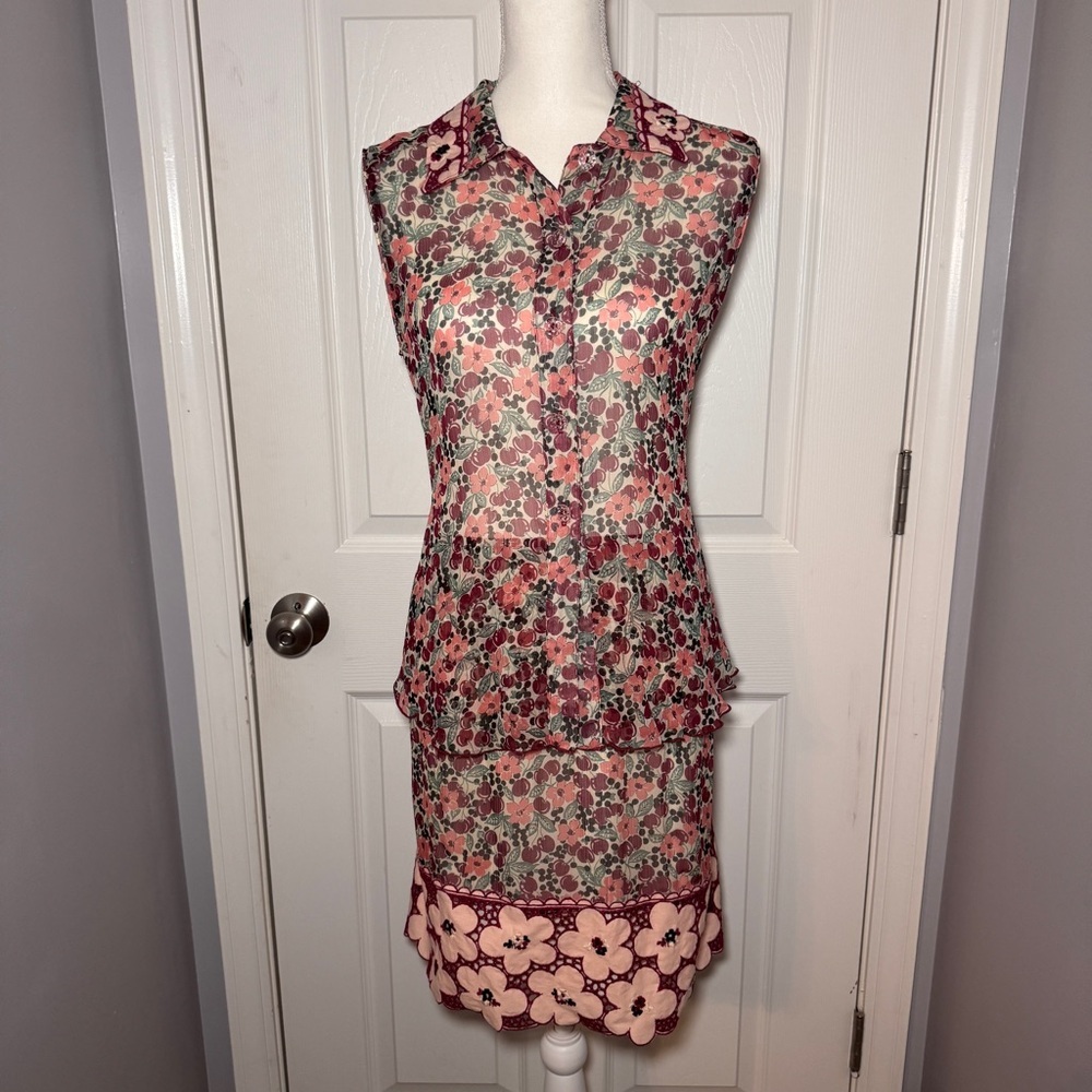 Anna Sui Cherry and Floral Print Silk Dress